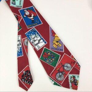 Vintage Christmas Mens Santa Stamp Print Novelty Necktie Office Holiday Party